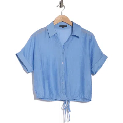 Adrianna Papell Short Sleeve Tie Hem Button-up Shirt In Blue