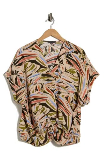 Adrianna Papell Short Sleeve Open Twist Front Top In Watercolor Leaf In Multi