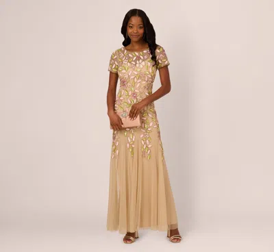 Adrianna Papell Short Sleeve Vine Beaded Godet Gown In Nude Multi In Neutral