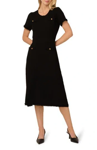 Adrianna Papell Short Sleeve Waffle Knit Midi Sweater Dress In Black