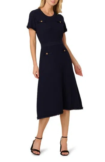 Adrianna Papell Short Sleeve Waffle Knit Midi Sweater Dress In Blue
