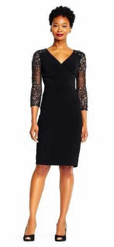 Adrianna Papell Short V-neck Cocktail Party Dress In Black