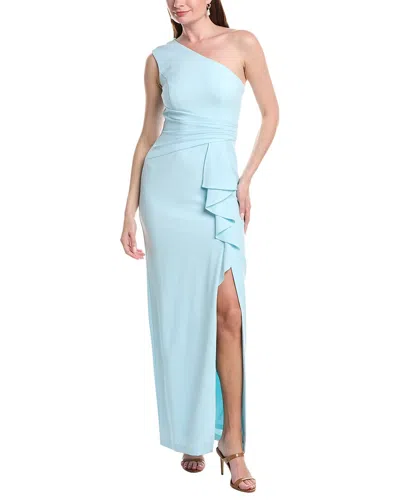 Adrianna Papell Plus Size One Shoulder Draped Ruffle Stretch Gown In Clear Sky In Blue