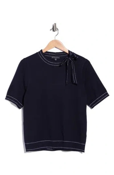 Adrianna Papell Side Tie Short Sleeve Sweater In Navy/ Cream