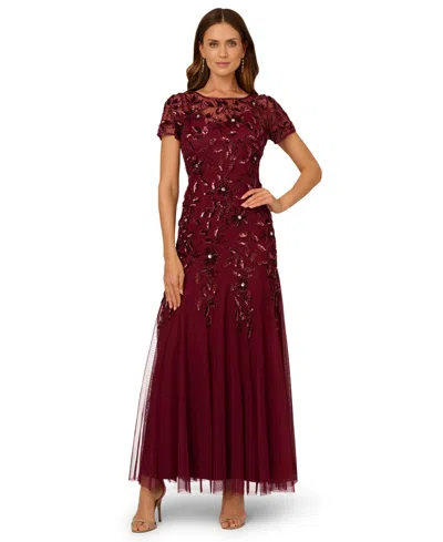 Adrianna Papell Size Floral-beaded Gown In Brown