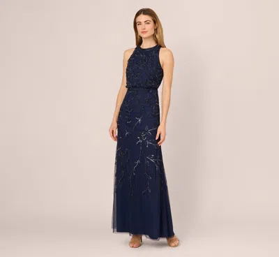 Adrianna Papell Sleeveless Blouson Mermaid Gown With Jasmine Beading In Light Navy In Blue