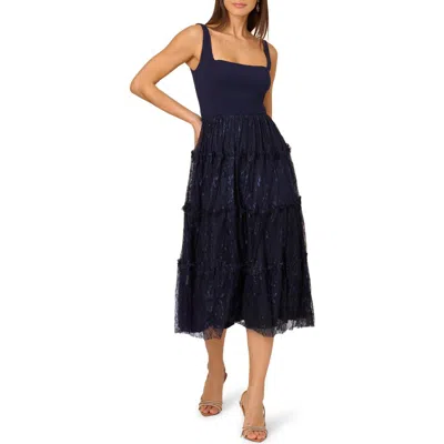 Adrianna Papell Sleeveless Crepe & Lace Midi Cocktail Dress In Blue