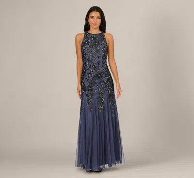 Adrianna Papell Sleeveless Floral Beaded Godet Gown In Smoky Peri In Blue