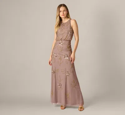 Adrianna Papell Sleeveless Floral Beaded Sequin Blouson Gown In Stone In Brown