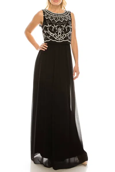 Adrianna Papell Sleeveless Popover Beaded Dress In Black Ivory