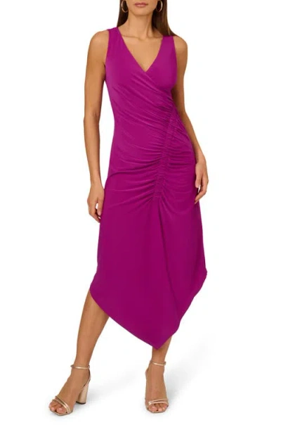 Adrianna Papell Sleeveless Ruched Asymmetric Midi Dress In Wild Magenta