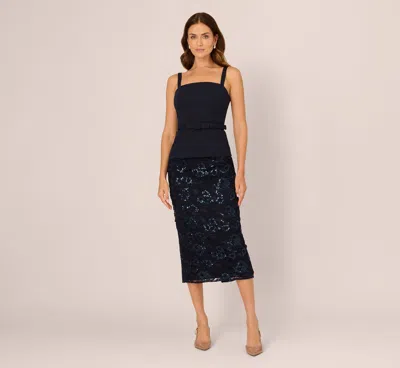 Adrianna Papell Sleeveless Sequin Lace Combo Midi Dress In Midnight In Blue