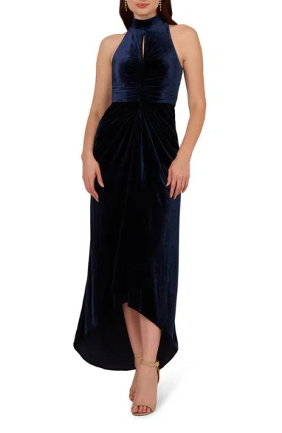 Adrianna Papell Sleeveless Stretch Velvet High-low Gown In Midnight