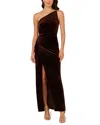 Adrianna Papell One-shoulder Velvet Column Gown In Brown