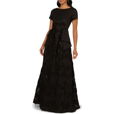 Adrianna Papell Soutache Floral Detail A-line Gown In Black