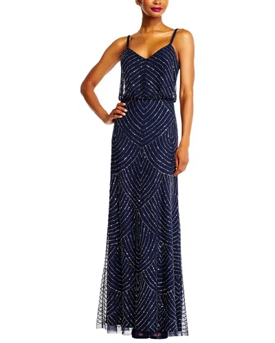 Adrianna Papell Spaghetti Strap Long Beaded Blouson Gown In Blue