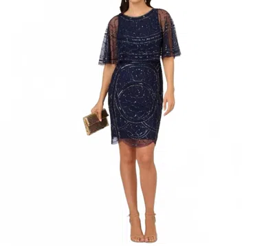 Adrianna Papell Sparkle Beaded Mesh Popover Dress In Navy In Blue