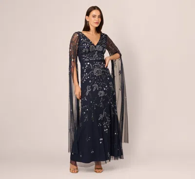 Adrianna Papell Split Sleeve Floral Beaded Gown In Navy Gunmetal In Blue