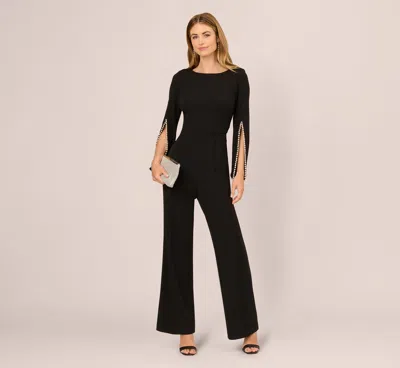 Adrianna Papell Split Sleeve Pearly Trim Jumpsuit In Black Ivory In Multi