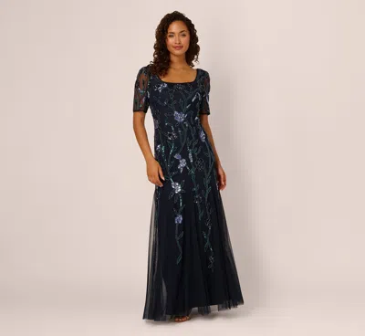 Adrianna Papell Square Neck Short Sleeve Beaded Godet Gown In Midnight Multi In Blue