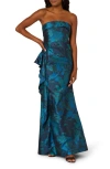 Adrianna Papell Strapless Draped Floral Jacquard Gown In Multi