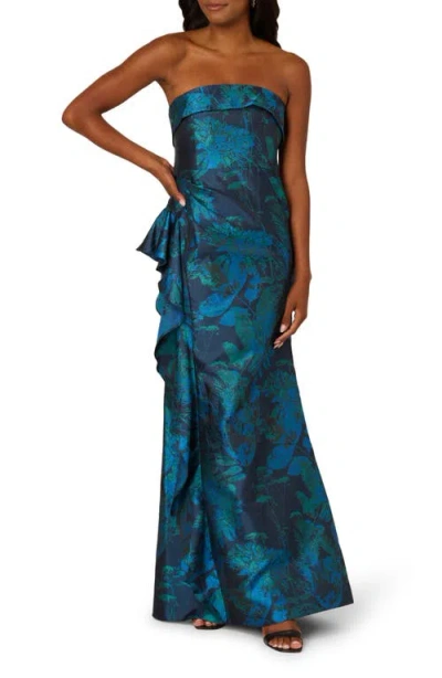 Adrianna Papell Strapless Draped Floral Jacquard Gown In Multi