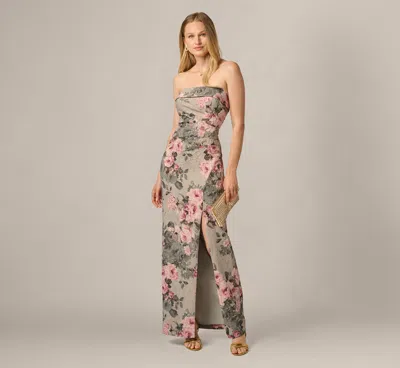 Adrianna Papell Strapless Floral Matelasse Column Gown In Slate Blush Multi In Gray