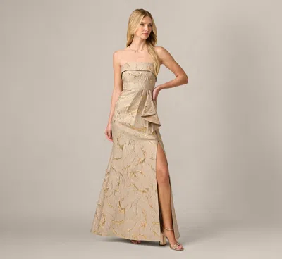 Adrianna Papell Strapless Metallic Jacquard Draped Gown In Mink