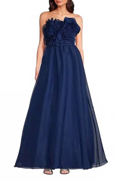 Adrianna Papell Strapless Organza Strapless Rosette Ruffle Ball Gown In Navy