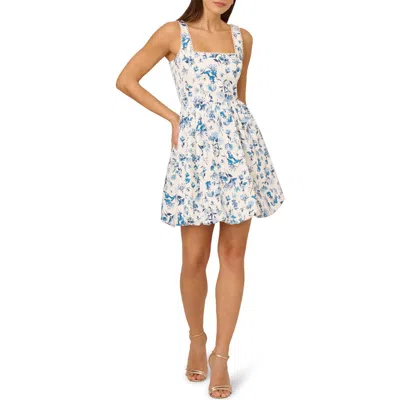 Adrianna Papell Stretch Cotton Balloon Dress In Ivory/blue Multi