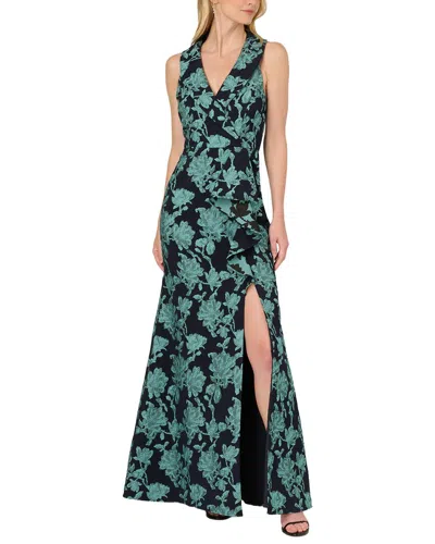Adrianna Papell Floral Jacquard Shawl Collar Gown In Navy Multi