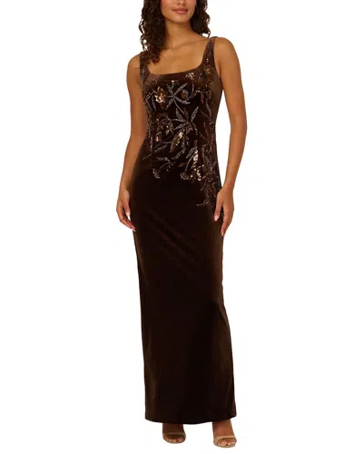 Adrianna Papell Stretch Velvet Beaded Long Gown In Burgundy
