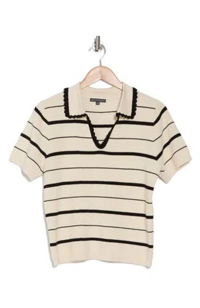 Adrianna Papell Stripe Johnny Collar Polo Sweater In Cream/black