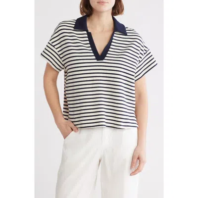 Adrianna Papell Stripe Knit Polo Top In Blue