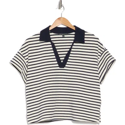 Adrianna Papell Stripe Knit Polo Top In Ivory/navy