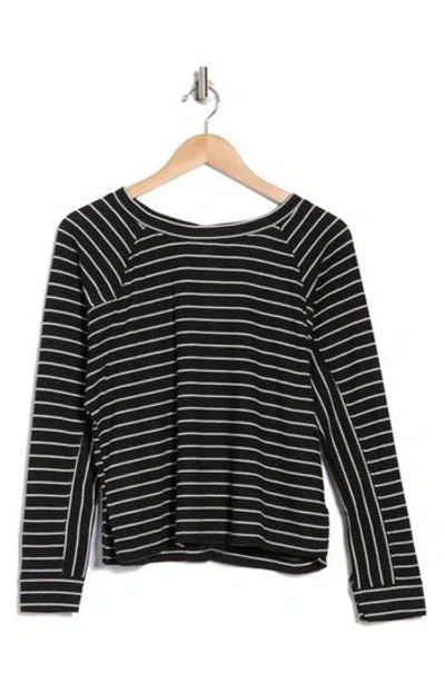 Adrianna Papell Stripe Long Sleeve Textured Knit Top In Black/ivory