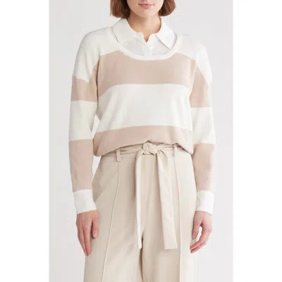Adrianna Papell Stripe Mixed Media Sweater In Ivory/champagne Blush