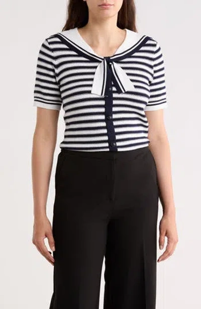 Adrianna Papell Stripe Shawl Collar Short Sleeve Sweater In Multi