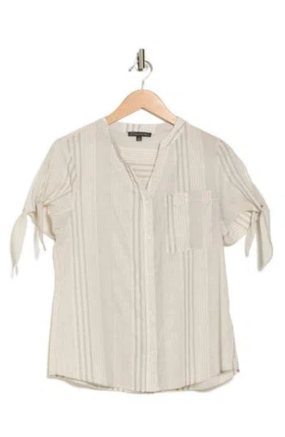 Adrianna Papell Stripe Short Sleeve Button-up Shirt In Cream/black Dash Dot