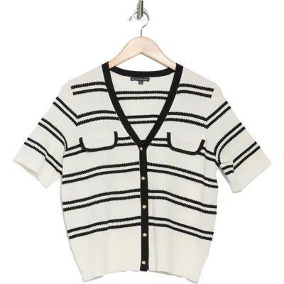 Adrianna Papell Stripe Short Sleeve Cardigan In Ivory/black
