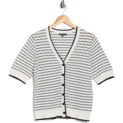 Adrianna Papell Short Sleeve Open Pointelle Knit Cardigan Sweater In Ivory Navy In Multi