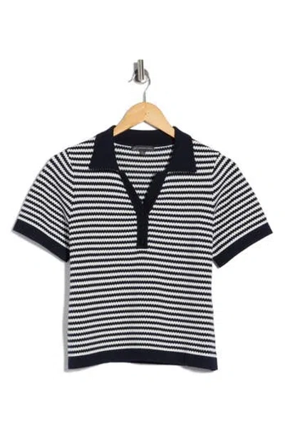 Adrianna Papell Stripe Short Sleeve Polo Sweater In Black