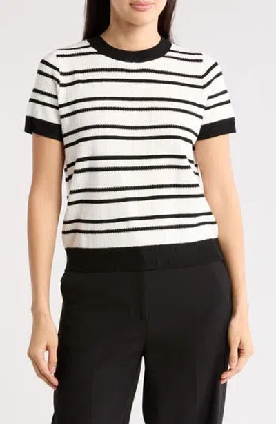 Adrianna Papell Stripe Short Sleeve Sweater In Black