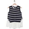 Adrianna Papell Stripe Sleeveless Twofer Sweater Vest In Navy/ivory