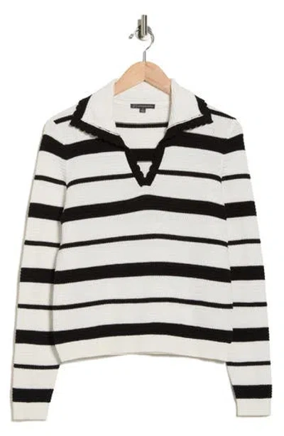 Adrianna Papell Stripe Texture Johnny Collar Polo Sweater In White