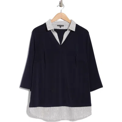 Adrianna Papell Stripe Twofer Sweater Top In Navy Ivory Sketch Stripe