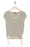 Adrianna Papell Stripe V-neck Cap Sleeve Side Tie Sweater Top In Ivory/black
