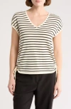 Adrianna Papell Stripe V-neck Cap Sleeve Side Tie Sweater Top In Silver