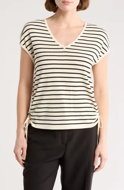 Adrianna Papell Stripe V-neck Cap Sleeve Side Tie Sweater Top In Silver