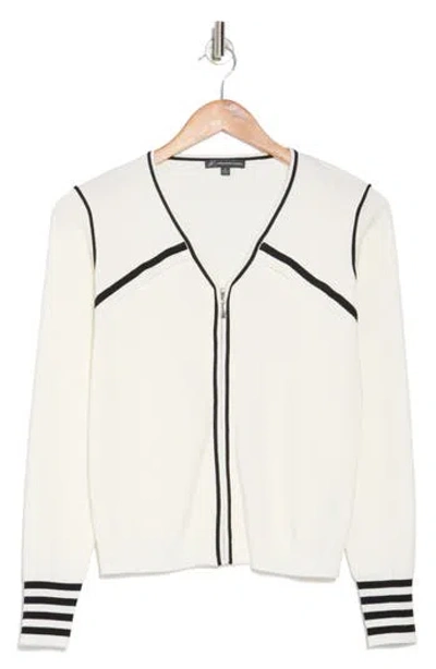 Adrianna Papell Stripe V-neck Zip Cardigan In Ivory/black